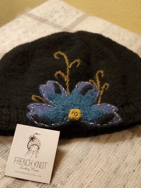 French Knot Black Wool Blend Beanie with Blue Floral Applique